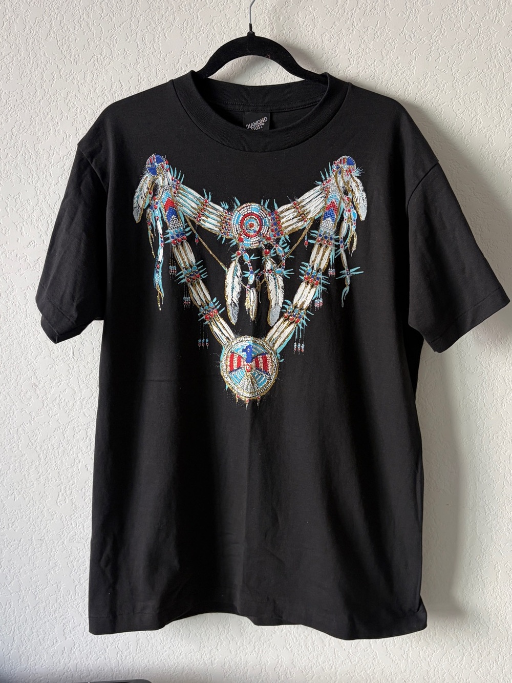 VTG 1992 DIAMOND DUST SINGLE STITCH SOUTHWEST NECKLACE GLITTER TEE BLACK L USA